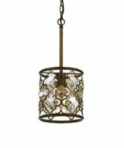 The Mimosa 6 is a cylindrical pendant light with a bronze metal frame, decorative patterns, clear crystal accents, and chain suspension.