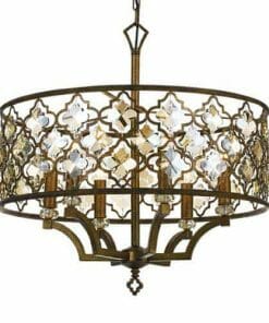 The Mimosa 6 is a brass chandelier featuring an ornate lattice-style drum shade and candle-like bulbs inside, suspended by a chain for elegant illumination.
