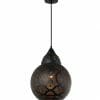 The Marrakesh 1 is a black, spherical pendant light with detailed perforated patterns, designed to hang elegantly from the ceiling by a single cord.