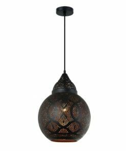 The Marrakesh 1 is a black, spherical pendant light with detailed perforated patterns, designed to hang elegantly from the ceiling by a single cord.