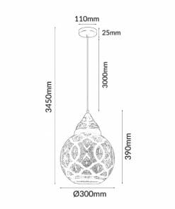 Line drawing of the Marrakesh 1 pendant light with labeled dimensions: total height 3450mm, diameter 300mm, shade height 390mm, cord length 3000mm, ceiling mount diameter 110mm, and mount height 25mm.