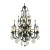 Louis 15th 24 bronze: Ornate multi-tiered chandelier with a black metal frame, candle-style lights, 24 bronze accents, and hanging clear crystal ornaments.