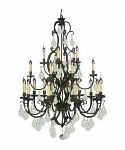 Louis 15th 24 bronze: Ornate multi-tiered chandelier with a black metal frame, candle-style lights, 24 bronze accents, and hanging clear crystal ornaments.