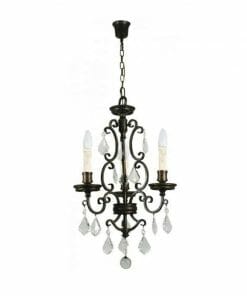 The Louis 15th 24 bronze is a black metal and crystal chandelier featuring three candle-style bulbs, elegant hanging crystal pendants, and 24 bronze accents.