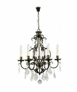 The Louis 15th 24 bronze is a black metal chandelier with six candle-style lights, clear crystal ornaments, elegant 24 bronze accents, and hangs from a chain.