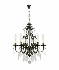 The Louis 15th 24 bronze is a black metal chandelier featuring eight candle-style bulbs, hanging glass crystal ornaments, and ornate bronze accents.