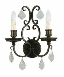 The Louis 15th 2 wall scone bronze features a dark metal finish, faux candle bulbs, and hanging glass crystal ornaments.