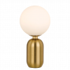 The Kade Brass Opal table lamp has a round white glass globe shade and brushed brass cylindrical base, displayed on a plain light gray background.