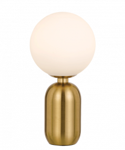 The Kade Brass Opal table lamp has a round white glass globe shade and brushed brass cylindrical base, displayed on a plain light gray background.