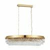 The Valparaiso 9G pendant is an oval gold chandelier featuring tiered crystal prisms, suspended by dual chains from a rectangular ceiling mount.