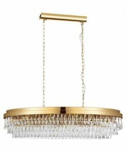 The Valparaiso 9G pendant is an oval gold chandelier featuring tiered crystal prisms, suspended by dual chains from a rectangular ceiling mount.