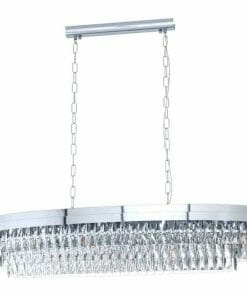 The Valparaiso 9G pendant features a chrome frame, three tiers of clear crystal prisms, and dual chain suspensions connected to a rectangular ceiling mount.