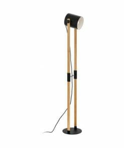The Hornwood floor lamp features a black cylindrical shade, wooden legs, a black round base, and an exposed power cord for a modern look.