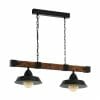 The Oldbury 2 is a rectangular hanging light fixture with two black dome-shaped lamps, crafted from wood and metal, and suspended by chains.