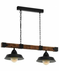 The Oldbury 2 is a rectangular hanging light fixture with two black dome-shaped lamps, crafted from wood and metal, and suspended by chains.