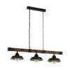 The Oldbury 2 is a rectangular pendant light with three black metal dome shades, suspended from the ceiling by two chains attached to a wooden beam.