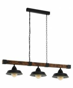 The Oldbury 2 is a rectangular pendant light with three black metal dome shades, suspended from the ceiling by two chains attached to a wooden beam.