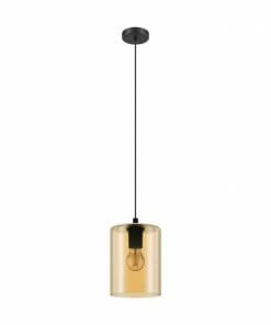 The Castralvo 5 pendant light showcases a black ceiling mount, black cord, and a cylindrical amber glass shade that elegantly displays the exposed bulb within.