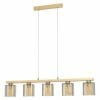 The Castralvo 5 is a contemporary rectangular pendant with a wooden base and five cylindrical glass shades, all suspended in a row by two wires.