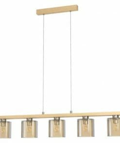 The Castralvo 5 is a contemporary rectangular pendant with a wooden base and five cylindrical glass shades, all suspended in a row by two wires.