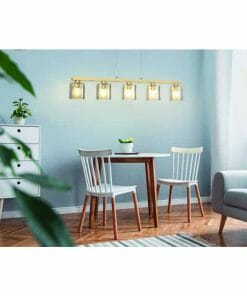 A dining room with blue walls and a white table and chairs, perfect for sourcing Castralvo 5 lighting fixtures from a nearby store.