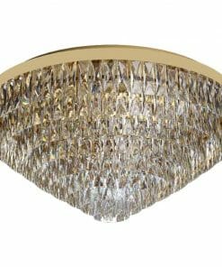 The Valparaiso 9G pendant is a gold ceiling light with multiple tiers of crystal prisms in an inverted dome design.