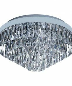 The Valparaiso 9G pendant is a round, flush mount ceiling chandelier with multiple tiers of clear faceted crystal prisms and a sleek metallic base.