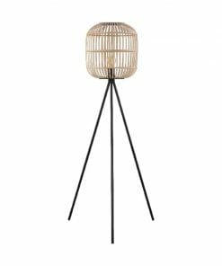 The Bordesley mesh floor lamp features a round rattan shade and black tripod legs, shown against a plain white background.