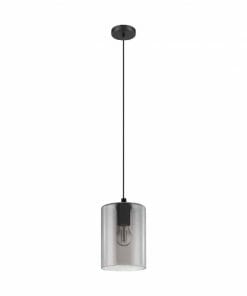 The Castralvo 1 Amber pendant light showcases a cylindrical clear glass shade, black metal fixture, and exposed bulb suspended from a sleek black cord.