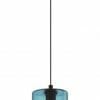 The Castralvo 1 Amber pendant light features a black fixture and cylindrical amber glass shade, suspended by a black cord with a visible bulb inside.