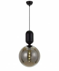 The Kade 1 Smoke is a contemporary pendant light with a round smoke glass globe, central LED filament, and a black cord with matching ceiling mount.
