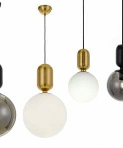 Four Kade 2 Smoke pendant lights each feature a round glass globe in smoky black or white, elegantly suspended by a black or gold fixture from the ceiling.