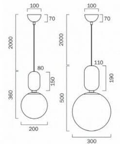 Line drawings of two Kade 1 Smoke pendant lights: one with a 200 mm globe, the other with a 300 mm globe. Both have a total height of 2000 mm. Dimensions shown in millimeters.