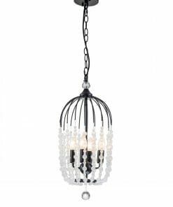 An Evelyn black 4 chandelier with clear glass beads, perfect for a lighting store.