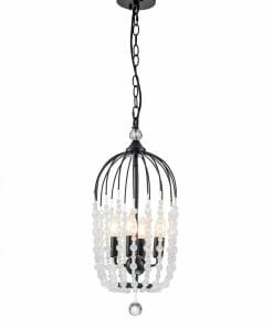 The Evelyn black 4 features four candle-style bulbs with hanging white bead strands and a clear crystal accent at the base.