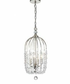 The Evelyn black 4 chandelier pendant features a crystal-beaded, cage-style metal frame and hangs elegantly from a chain and ceiling mount.