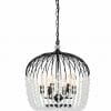 The Evelyn black 4 chandelier has a dome-shaped cage with hanging white crystal beads and a single crystal pendant at the bottom, elegantly suspended by a chain.