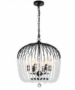 The Evelyn black 4 chandelier has a dome-shaped cage with hanging white crystal beads and a single crystal pendant at the bottom, elegantly suspended by a chain.