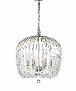 The Evelyn black 4 chandelier features a polished metal frame, hanging crystal bead strands, and four candle-style bulbs, adding refined elegance to any space.