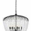 The Evelyn black 4 features a cage frame with clear beads and six exposed bulbs, suspended by a chain for an industrial look.
