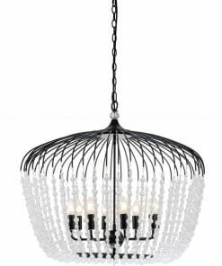 The Evelyn black 4 chandelier with clear glass beads, available at a lighting store.