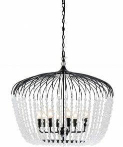 The Evelyn black 4 features a cage frame with clear beads and six exposed bulbs, suspended by a chain for an industrial look.
