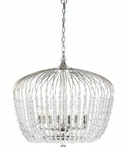 A silver chandelier with curved metal arms and hanging crystal beads, suspended by a chain, perfectly complements the Evelyn black 4 collection.