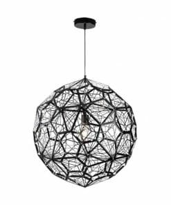 The Web copper 40 is a geometric black wire pendant light fixture shaped like a sphere, with a visible bulb at the center, hanging from the ceiling.