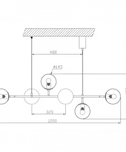 Technical drawing of the Eevee 6 Brass amber ceiling light fixture with four bulbs, showing dimensions: 1200 mm width, 422 mm height, and 480 mm suspension length.