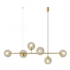 The Eevee 6 Brass amber chandelier showcases six spherical glass bulbs on a sleek horizontal rod, suspended by two cables for a modern, elegant statement.