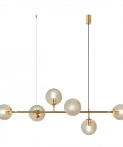 The Eevee 6 Brass amber chandelier showcases six spherical glass bulbs on a sleek horizontal rod, suspended by two cables for a modern, elegant statement.