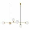 The Eevee 6 Brass amber chandelier features a gold horizontal bar with six round white glass globes, elegantly suspended by two thin black wires from the ceiling.