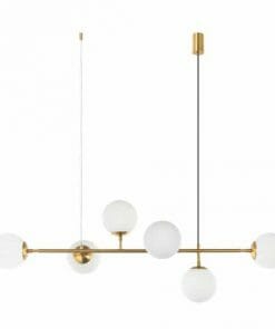 The Eevee 6 Brass amber chandelier features a gold horizontal bar with six round white glass globes, elegantly suspended by two thin black wires from the ceiling.