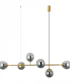 The Eevee 6 Brass amber chandelier features a brass horizontal rod with six amber-tinted spherical glass lights, suspended from the ceiling by two thin wires.